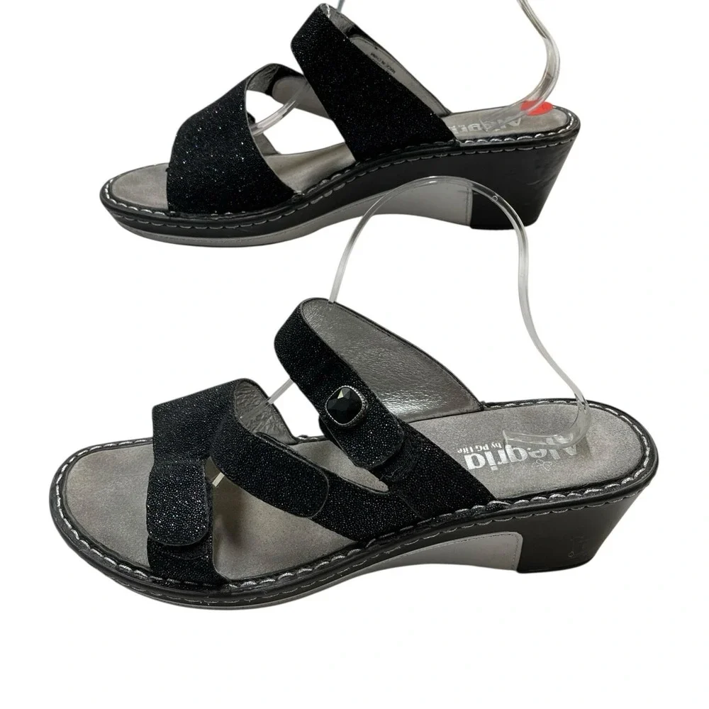 Alegria Loti Sandals Womens 11 Black Leather Sparkle Glitter Wedge Slip On Event